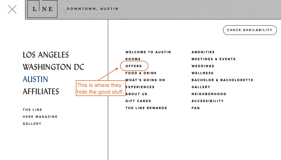 A screenshot of The Line Hotel's expanded menu. "OFFERS" is circled and a box reads "this is where they hide the good stuff." 