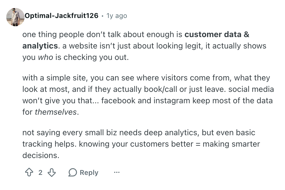 Reddit user Optimal-Jackfruit126 comment reads:

"one thing people don’t talk about enough is customer data & analytics. a website isn’t just about looking legit, it actually shows you who is checking you out.

with a simple site, you can see where visitors come from, what they look at most, and if they actually book/call or just leave. social media won’t give you that... facebook and instagram keep most of the data for themselves.

not saying every small biz needs deep analytics, but even basic tracking helps. knowing your customers better = making smarter decisions."