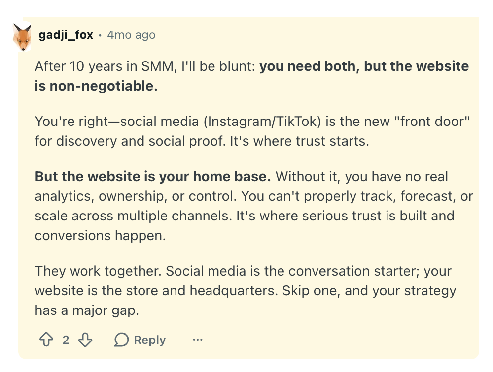 Reddit user gadji_fox comment reads: 

"After 10 years in SMM, I'll be blunt: you need both, but the website is non-negotiable.

You're right—social media (Instagram/TikTok) is the new "front door" for discovery and social proof. It's where trust starts.

But the website is your home base. Without it, you have no real analytics, ownership, or control. You can't properly track, forecast, or scale across multiple channels. It's where serious trust is built and conversions happen.

They work together. Social media is the conversation starter; your website is the store and headquarters. Skip one, and your strategy has a major gap."